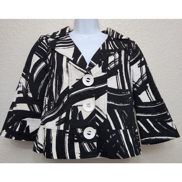 Black White Abstract Print 3 Button Cropped Blazer Large/XL Lined Notched Collar - Picture 1 of 5